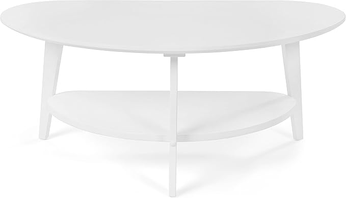 Mid Century Modern Coffee Table, Oval Coffee Tables with Storage for Living Room, 2 Tier Solid Wood Center Table, White Coffe Tables, Easy Assembly, 40.2" D x 22" W x 17.7" H