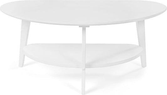 Mid Century Modern Coffee Table, Oval Coffee Tables with Storage for Living Room, 2 Tier Solid Wood Center Table, White Coffe Tables, Easy Assembly, 40.2" D x 22" W x 17.7" H