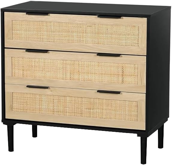 HOPUBUY Large Nightstand with Rattan Drawer, Modern 3 Drawer Night Stand for Bedroom, Wooden Bedside Table for Queen Size and King Size Bed, Black by HOPUBUY