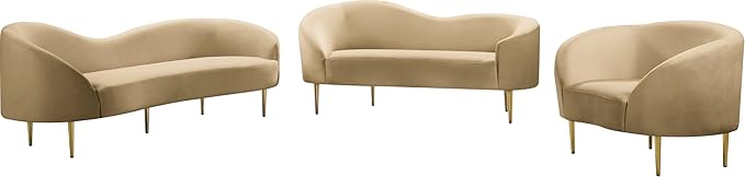Meridian Furniture 659Camel-L Ritz Collection Modern | Contemporary Upholstered Loveseat with Rich Camel Velvet, Gold Metal Legs, Curved Contemporary Design, 67" W x 31.75" D x 30.5" H, Camel