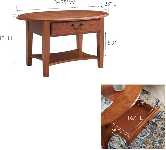 Leick Home Haven Ridge Coffee Table, Solid Wood, Oval, with Drawer and Shelf, Medium Oak, 9044-MED