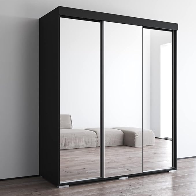 Meble Furniture Aria 3D Wardrobe with All Mirror Doors — Spacious Storage with Multiple Shelves — Modern Bedroom Closet, 82 H x 71 W x 26 D in — Black