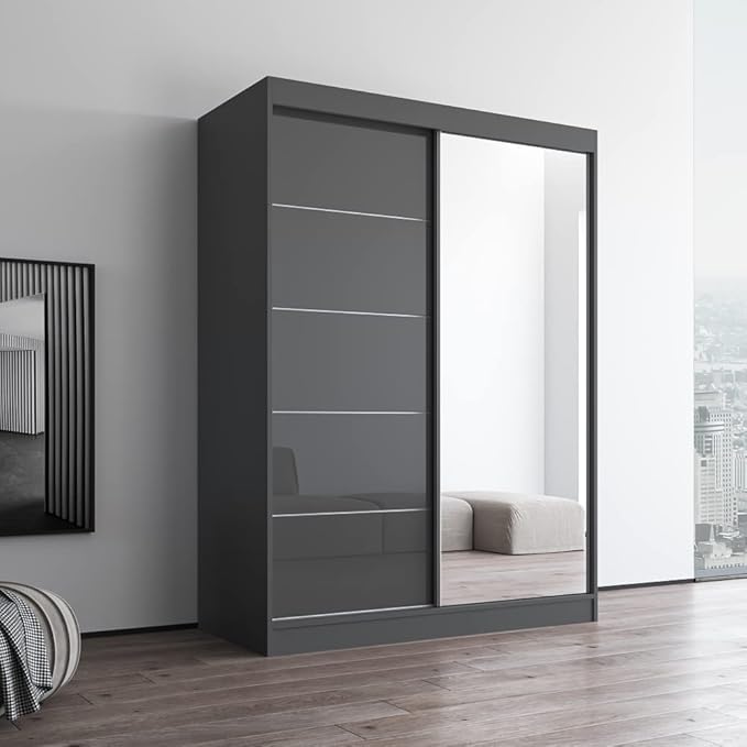 Meble Furniture Aria 2D Wardrobe with Mirror Doors — Spacious Storage with Shelves and Hanging Space — Modern Armoire Closet — Gray with Mirror, 80" H x 59" W x 26" D