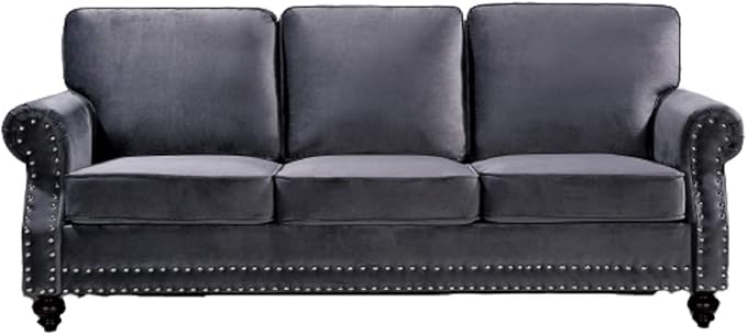 Lotus Mid Century Modern Velvet Upholstered Living Room Rolled Arms, Sofa, Fossil Grey