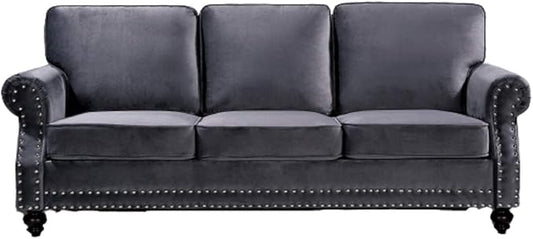 Lotus Mid Century Modern Velvet Upholstered Living Room Rolled Arms, Sofa, Fossil Grey