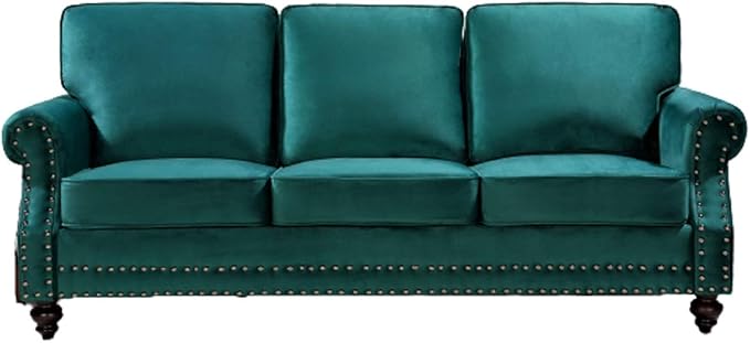 Lotus Mid Century Modern Velvet Upholstered Living Room Rolled Arms, Sofa, Pine Green