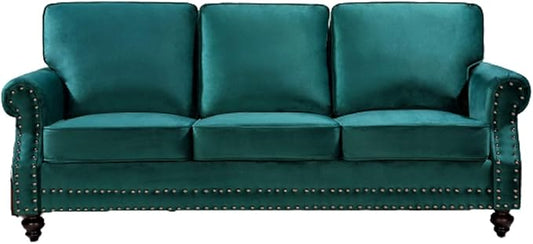 Lotus Mid Century Modern Velvet Upholstered Living Room Rolled Arms, Sofa, Pine Green