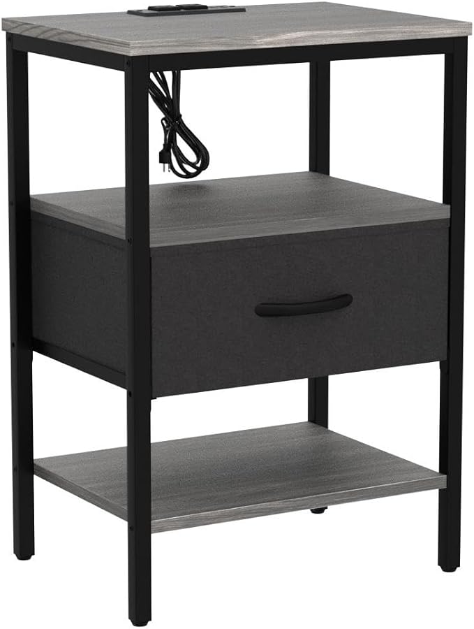 SUPERJARE Nightstand Set of 2, Bed Side Tables with Charging Station, Adjustable Fabric Drawer, Night Stand for Bedroom, 3-Tier Storage End Tables, for Living Room - Charcoal Gray - Image 4