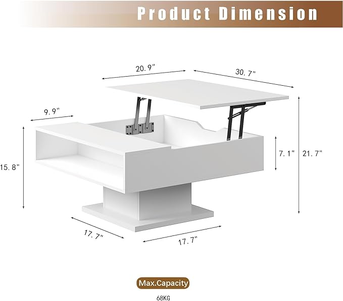 30.7" Lift Top Coffee Table with Storage, Square White Led Coffee Table with Large Hidden Storage, Wood Living Room Table Led Center Table for Dining Reception Room