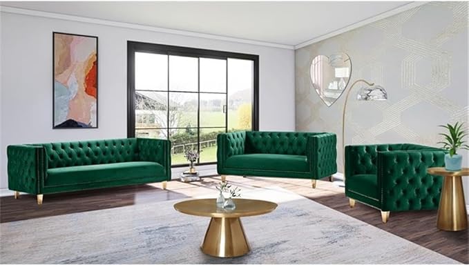 Meridian Furniture 652Green-L Michelle Collection Modern | Contemporary Loveseat with Deep Button Tufting, Gold Nailhead Trim and Sturdy Gold Iron Legs, Green Velvet, 66" W x 34" D x 30" H