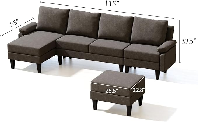 Modern L-Shaped Sectional Sofa with Storage Ottoman, Apartment Sectional Couch with Left Facing Chaise, 3-Piece Living Room Sofa Set, 115 Inch Furniture, Brown