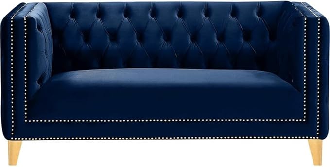 Meridian Furniture 652Navy-L Michelle Collection Modern | Contemporary Loveseat with Deep Button Tufting, Gold Nailhead Trim and Sturdy Gold Iron Legs, Navy Velvet, 66" W x 34" D x 30" H
