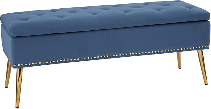 HULALA HOME Modern Velvet Storage Ottoman Bench with Gold Base & Nailhead Trim, Upholstered Bedroom Bench for End of Bed, Button-Tufted Footstool for Entryway Living Room Dining Room, Slate Blue - Image 8