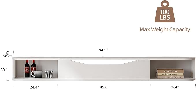 FurniNova 94'' Floating TV Stand, Modern Plywood Wall Mounted Media Console for 100 inch TV,Floating Entertainment Center with Storage,Round Edge TV Shelf for Living Room & Bedroom,White - Image 5