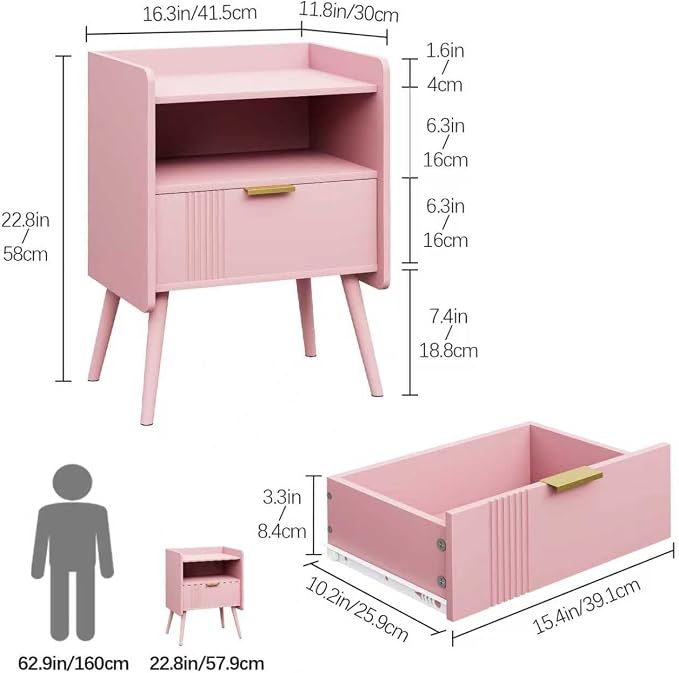 Aenuert Night Stand Modern End Table with Storage Drawer and Open Shelf, Small Bedside Stand, Wooden Sofa Side Table for Bedroom,Study Room and Small Spaces (Pink) - Image 2