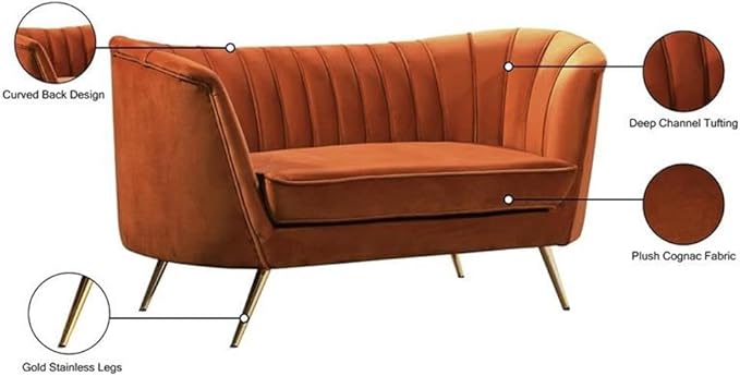 Meridian Furniture Margo Collection Modern | Contemporary Velvet Upholstered Loveseat with Deep Channel Tufting and Rich Gold Stainless Steel Legs, Cognac, 65" W x 30" D x 33" H