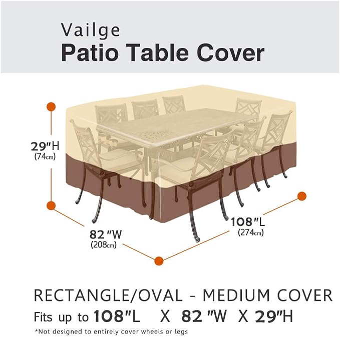 Vailge Waterproof Patio Furniture Set Cover with Padded Handles, Patio/Outdoor Table Cover, Patio/Outdoor Dining Rectangular Table Chairs Cover Medium - Image 2