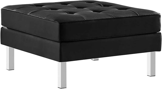Modway Loft Tufted Button Faux Leather Upholstered Square Ottoman in Silver Black