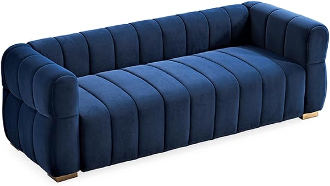 Art Deco Velvet Sofa with Tufted Low Back Design, Sophisticated 3 Seater Couch for Living Rooms, 89 Inch Wide, Easy Assembly, Blue