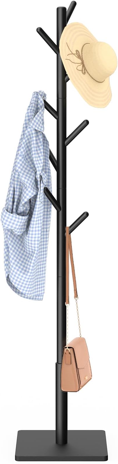 Coat Rack Freestanding with Stable Square Base for Cloathes, Hat, Used in Bedroom, Office and Entryway, Sturdy and Easy Assembly Coat Tree with 3 Adjustable Sizes and 8 Hooks, Black by YheenLf