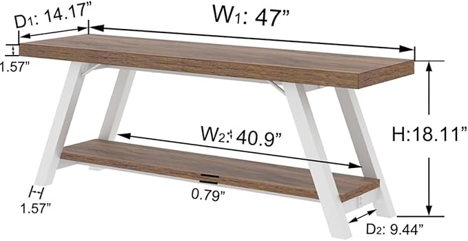 LVB Rustic Entryway Bench, Farmhouse Wood Indoor Shoe Bench with Storage in Bedroom End of Bed, Industrial Metal Foyer Shoe Rack Bench Seating for Hallway Living Dining Room, White Rustic Oak, 47 Inch - Image 3