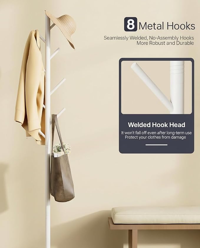 Coat Rack with 8 Hooks, 3 Adjustable Heights, Modern Hall Tree, Sturdy Metal Clothes Stand with Sintered Stone Base for Entryway, Office, Bedroom, for Coats, Hats, Handbags and Scarves, White - Image 5