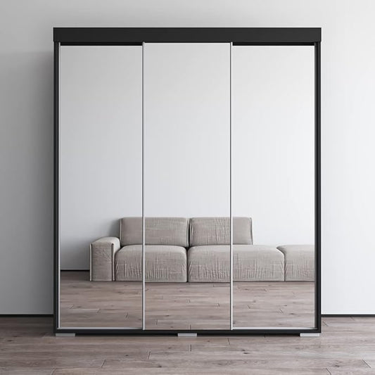 Meble Furniture Aria 3D Wardrobe with All Mirror Doors — Spacious Storage with Multiple Shelves — Modern Bedroom Closet, 82 H x 71 W x 26 D in — Black