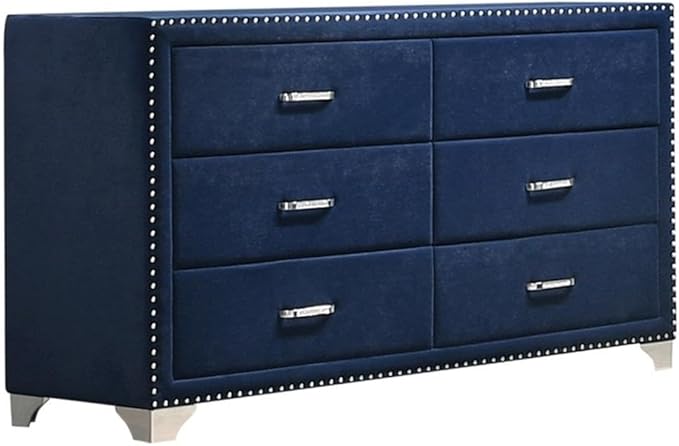 MAKLAINE 4-Piece Bedroom Set, Queen Size, Velvet Upholstery in Pacific Blue, Includes Bed with Wingback Headboard, 6-Drawer Dresser, Mirror, 2-Drawer Nightstand, Contemporary Style