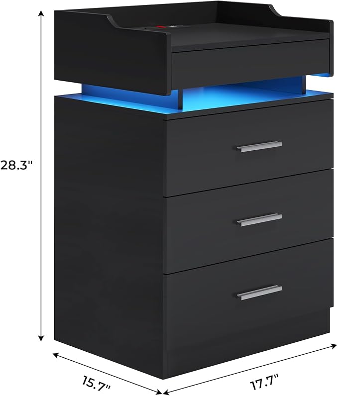 HAUOMS Large Nightstand with Charging Station and LED Light,Side Table with 3 Drawers & Pull-Out Shelf, Bedside End Table with USB Ports and Outlets, Black Night Stand for Bedroom - Image 2