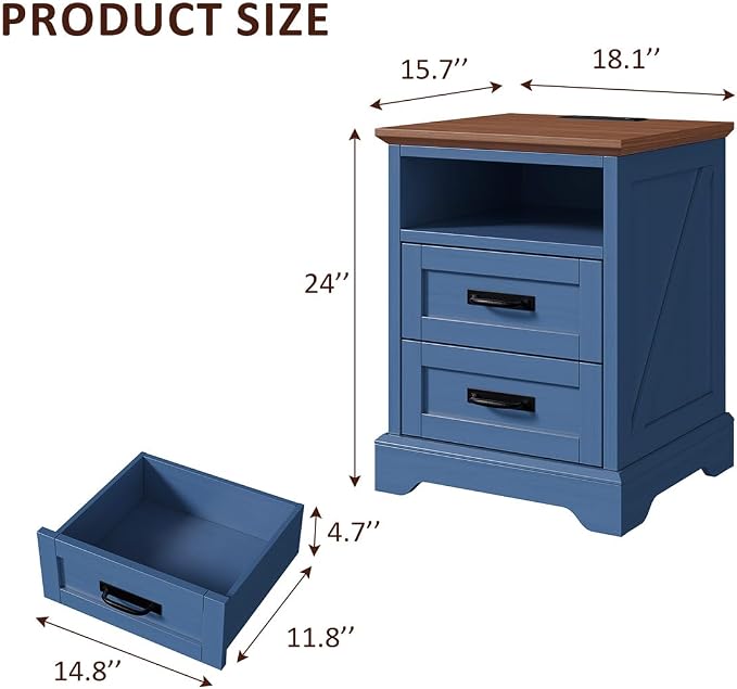 Whalefall Farmhouse Nightstand with Charging Station, 2 Drawers Bed Side Table, 18 inch Wide End Table for Bedroom, Living Room, Blue - Image 2
