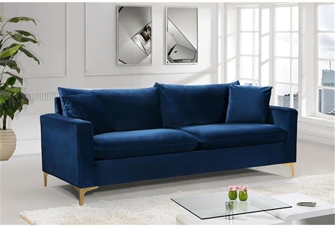 Meridian Furniture Naomi Collection Modern | Contemporary Navy Velvet Upholstered Sofa with Stainless Steel Base in a Rich Gold or Chrome Finish,