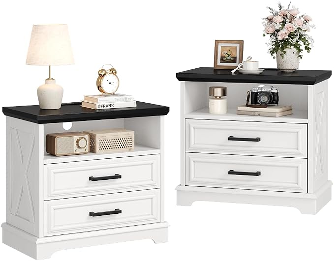 knoworld 24 Inch Wide Farmhouse Nightstands Set of 2 with Charging Station, White Nightstand with 2 Large Drawers, Rustic Wood End Table for Bedroom by KNOWORLD