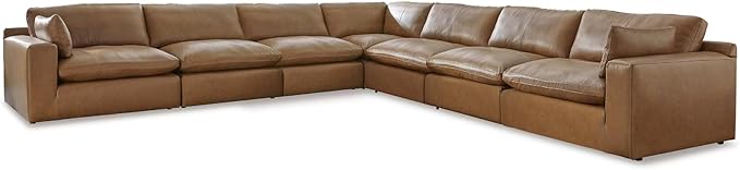 Signature Design by Ashley Emilia Modern L-Shaped Leather Match Modular Anti Sag 7-Piece Sectional with Loose Back Cushions and 2 Bolster Pillows, Orange