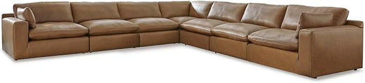 Signature Design by Ashley Emilia Modern L-Shaped Leather Match Modular Anti Sag 7-Piece Sectional with Loose Back Cushions and 2 Bolster Pillows, Orange
