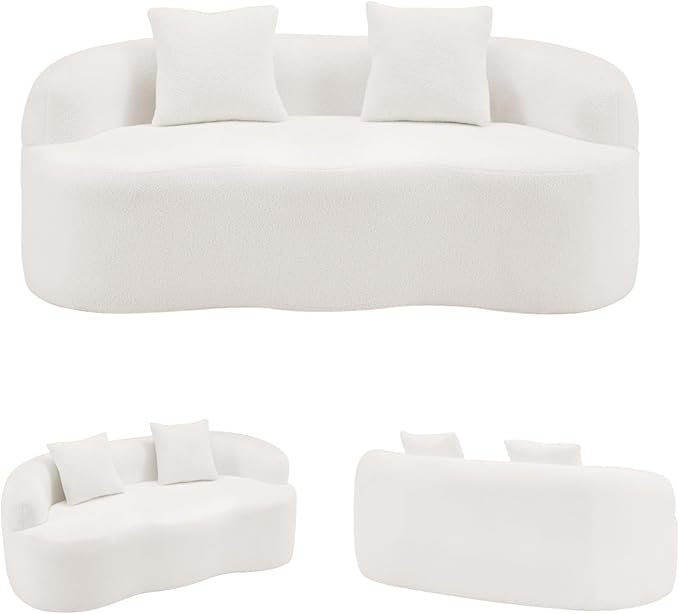 Curved Compression Sofa, Modern Loveseat Couch with Rounded Armrests & 2 Coordinating Pillows, 67'' Polyester 2 Seater Sofa for Small Living Room, Bedroom and Offices, No Assembly, White