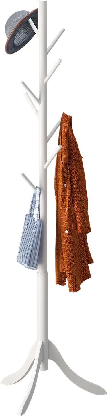 Coat Rack Freestanding, Coat Stands Entryway, Bamboo Coat Rack Hat Hanger 8 Hook for Jacket, Purse, Scarf Rack, Umbrella Tree Stand (White) by Furshus