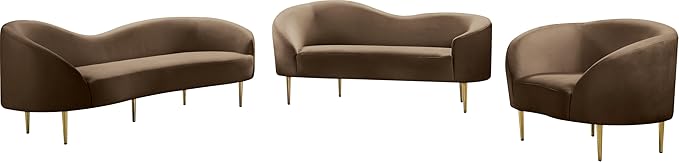 Meridian Furniture 659Brown-L Ritz Collection Modern | Contemporary Upholstered Loveseat with Rich Brown Velvet, Gold Metal Legs, Curved Contemporary Design, 67" W x 31.75" D x 30.5" H, Brown