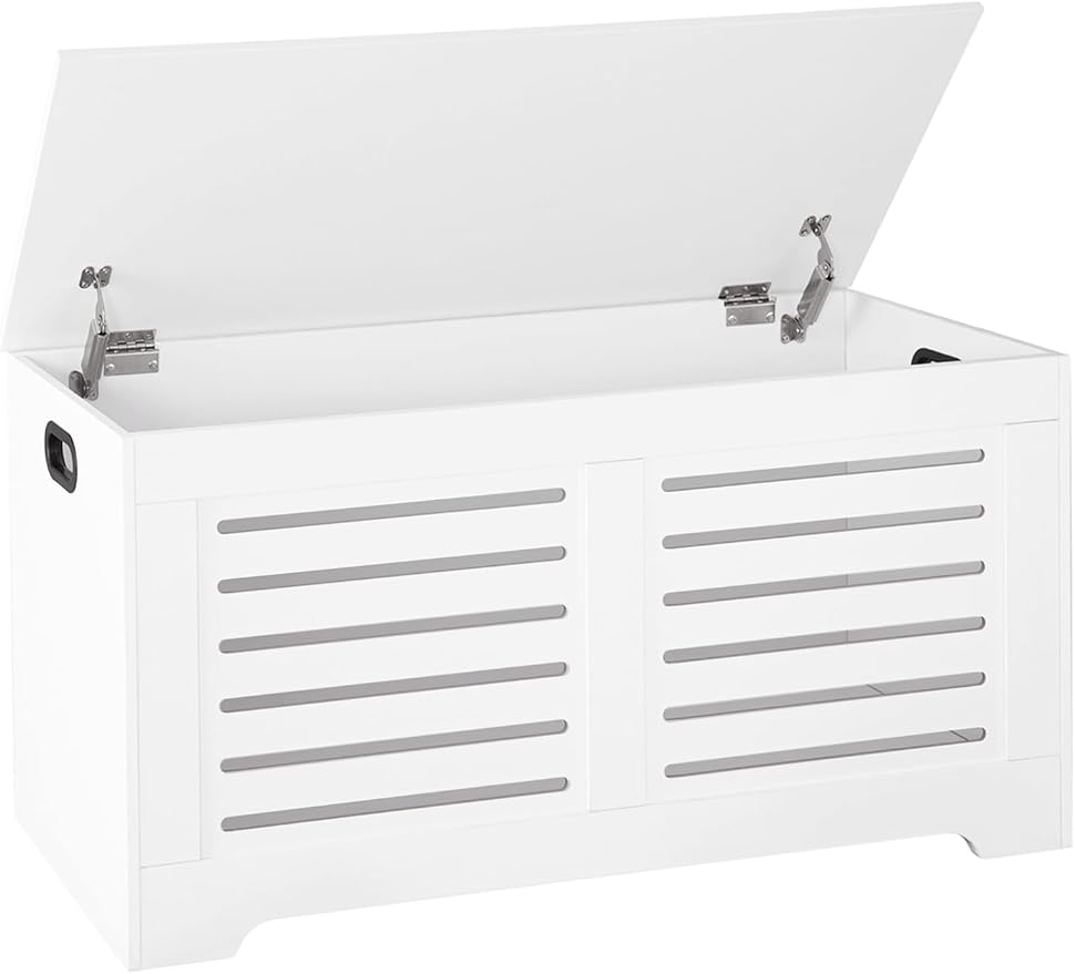 DINZI LVJ Storage Chest, 39.4”Wooden Toy Box with 2 Safety Hinges, Retro Entryway Shoe Storage Bench with Flip-Top, Sturdy Large Storage Trunk for Living Room, Bedroom, Easy Assembly, White by DINZILVJ