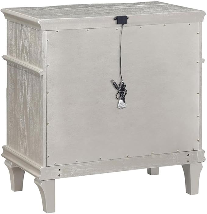MAKLAINE 5-Piece Glam Wood Queen Bedroom Set, Silver Oak Finish, Ivory Upholstered Bed, Nightstand with USB Ports, Dresser with Jewelry Tray, Beveled Mirror, Chest; Elegant Storage Furniture for