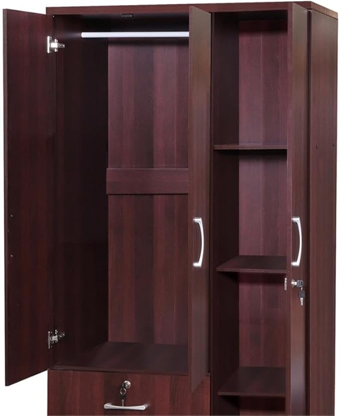 Pemberly Row Modern 2 Drawer Wooden Wardrobe Armoire Closet, Mahogany Finish, 72" H x 36" W x 20" D, Engineered Wood, Clothing Rod, Shelves, Soft-Close Doors, Bedroom Storage Solution