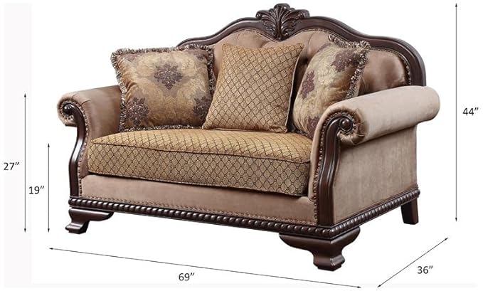 Acme Chateau De Ville Fabric Loveseat with 3 Pillows in Beige and Espresso