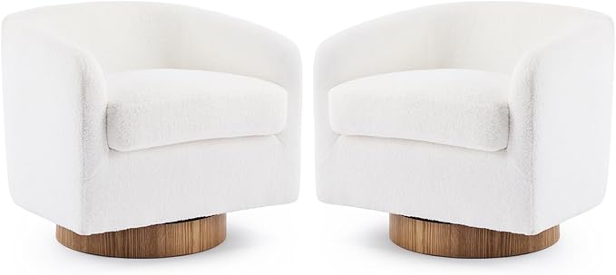 VINGLI 360°Swivel Accent Chairs Set of 2 with Engineered Wood Base and Removable Cushion for Living Room, Bedroom, Curved Back Barrel Chairs for Small Space, Upholstered Bucket Armchairs, Teddy White