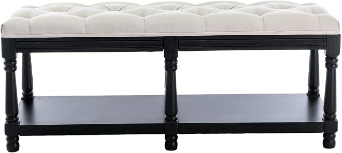 Kmax Storage Entryway Bench Tufted Shoe Rack Bench Black Wood Window Bench for Hallway Entrance Bedroom Corner, Beige - Image 5