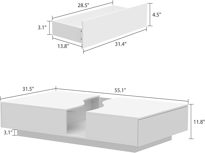ECACAD Modern LED Coffee Table with 2 Drawers, Tempered Glass Top & Remote Control, Rectangle Coffee Center Table for Living Room & Reception Room, White 31.5”D x 55.1”W x 11.8”H