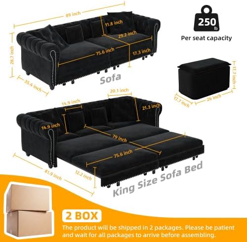 KEIKI 3-in-1 Velvet Chesterfield Sofa Bed with Ottoman, 89" Convertible King Size Sleeper Couch, Rolled Arm 3-Seater Sofa for Living Room or Bedroom, Black
