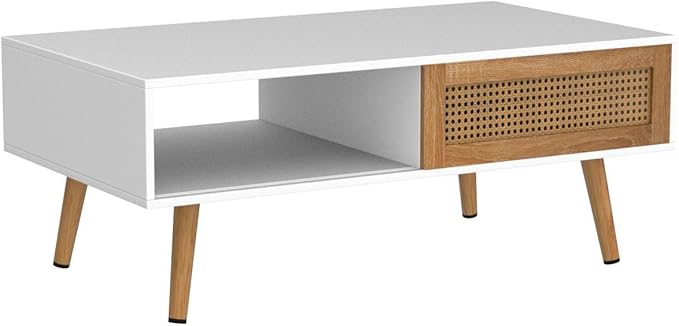 Mid Century Modern Coffee Table with Storage, 41.3 Inch Rectangle Wooden Accent Center Sofa Table with Sliding PE Rattan Woven Door Panel and Solid Wood Legs, Suitable for Living Room, Apartment