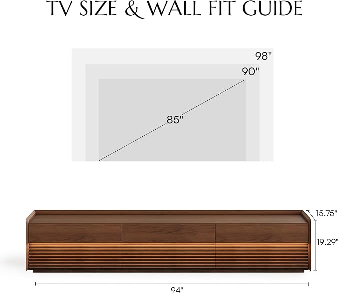 POVISON Fully-Assembled Mid Century Modern TV Stand, 94.49" Wood Media Console with Adjustable LED Light, Entertainment Center with Storage for Living Room - Image 8