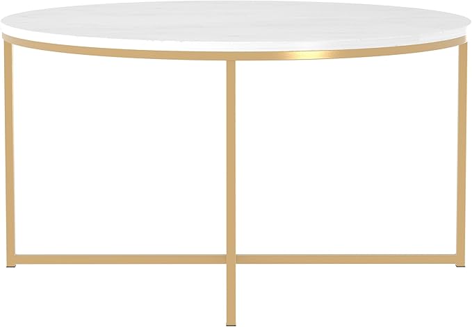 Walker Edison Modern Glam Round Accent Faux White Marble Coffee Table with Gold X-Base, 35.5 Inch