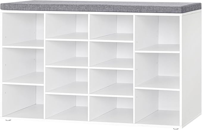 DINZI LVJ Shoe Storage Bench with Cushion, 14-Cubby Shoe Rack, Adjustable Shelves, Multifunctional Shoe Organizer Bench for Entryway, Mudroom, Hallway, Living Room, Bedroom and Garage, White by DINZILVJ