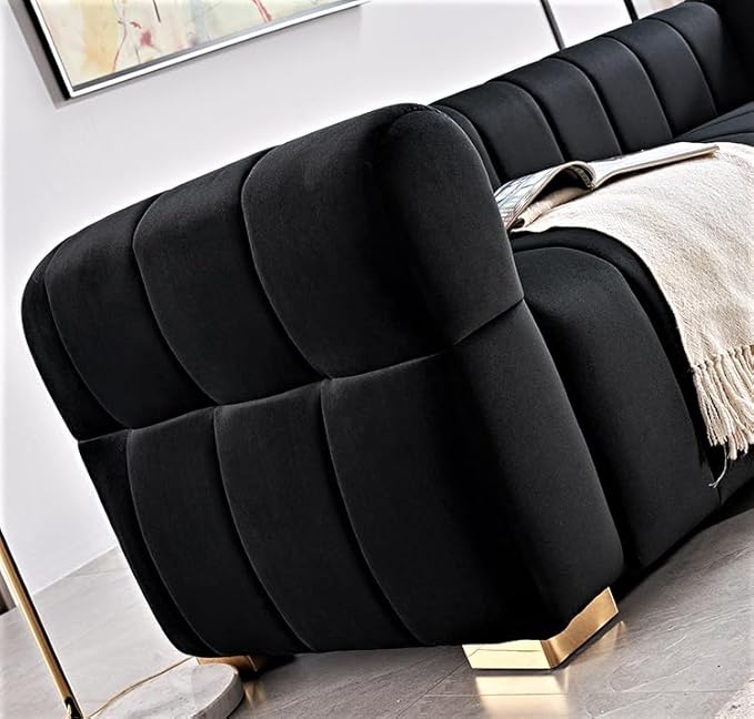 Art Deco Velvet Sofa with Tufted Low Back Design, Sophisticated 3 Seater Couch for Living Rooms, 89 Inch Wide, Easy Assembly, Black